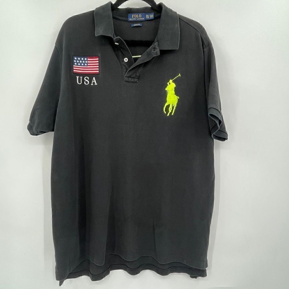 Ralph Lauren Black Custom Fit Short Sleeve USA Flag Polo Shirt 2XL